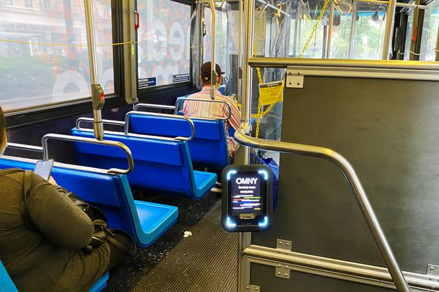 An OMNY payment reader on the back of a bus in Manhattan